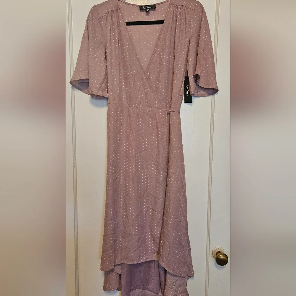 Lulu's Mauve Dot Wrap Midi Dress Size S.